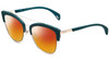 Profile View of Police SPL618 Designer Polarized Sunglasses with Custom Cut Red Mirror Lenses in Teal Blue Crystal Glitter Ladies Cateye Full Rim Metal 54 mm