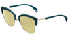 Profile View of Police SPL618 Designer Polarized Reading Sunglasses with Custom Cut Powered Sun Flower Yellow Lenses in Teal Blue Crystal Glitter Ladies Cateye Full Rim Metal 54 mm