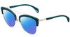 Profile View of Police SPL618 Designer Polarized Reading Sunglasses with Custom Cut Powered Blue Mirror Lenses in Teal Blue Crystal Glitter Ladies Cateye Full Rim Metal 54 mm