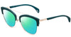 Profile View of Police SPL618 Designer Polarized Reading Sunglasses with Custom Cut Powered Green Mirror Lenses in Teal Blue Crystal Glitter Ladies Cateye Full Rim Metal 54 mm