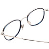 Close Up View of John Varvatos V178 Designer Reading Eye Glasses with Custom Cut Powered Lenses in Satin Blue Silver Unisex Round Full Rim Metal 49 mm