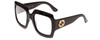 Profile View of GUCCI GG0053S Designer Progressive Lens Blue Light Blocking Eyeglasses in Gloss Black Gold Logo Ladies Oversized Full Rim Acetate 54 mm with Blue Light Zone functionality illustration laid over the lens