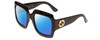 Profile View of GUCCI GG0053S Designer Polarized Sunglasses with Custom Cut Blue Mirror Lenses in Gloss Black Gold Logo Ladies Oversized Full Rim Acetate 54 mm