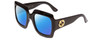 Profile View of GUCCI GG0053S Designer Polarized Reading Sunglasses with Custom Cut Powered Blue Mirror Lenses in Gloss Black Gold Logo Ladies Oversized Full Rim Acetate 54 mm