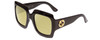 Profile View of GUCCI GG0053S Designer Polarized Reading Sunglasses with Custom Cut Powered Sun Flower Yellow Lenses in Gloss Black Gold Logo Ladies Oversized Full Rim Acetate 54 mm