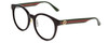 Profile View of GUCCI GG0416SK Designer Progressive Lens Blue Light Blocking Eyeglasses in Gloss Black Red Stripe Green Gold Ladies Round Full Rim Acetate 55 mm with Blue Light Zone functionality illustration laid over the lens