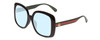 Profile View of GUCCI GG0714SA Designer Progressive Lens Blue Light Blocking Eyeglasses in Gloss Black Red Stripe Green Gold Logo Ladies Oversized Full Rim Acetate 56 mm