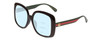 Profile View of GUCCI GG0714SA Designer Progressive Lens Blue Light Blocking Eyeglasses in Gloss Black Red Stripe Green Gold Logo Ladies Oversized Full Rim Acetate 56 mm with Blue Light Zone functionality illustration laid over the lens