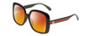 Profile View of GUCCI GG0714SA Designer Polarized Sunglasses with Custom Cut Red Mirror Lenses in Gloss Black Red Stripe Green Gold Logo Ladies Oversized Full Rim Acetate 56 mm