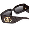 Close Up View of GUCCI GG0811S Ladies Rectangle Designer Sunglasses in Gloss Black Gold/Grey 53mm