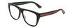 Profile View of GUCCI GG0926S Designer Progressive Lens Blue Light Blocking Eyeglasses in Gloss Black Red Stripe Green Gold Logo Mens Retro Full Rim Acetate 57 mm with Blue Light Zone functionality illustration laid over the lens