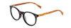 Profile View of Coyote Beachwood II Designer Progressive Lens Blue Light Blocking Eyeglasses in Gloss Black Zebra Grey Unisex Round Full Rim Wood 48 mm with Blue Light Zone functionality illustration laid over the lens