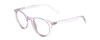Profile View of Coyote Crosstown Designer Progressive Lens Blue Light Blocking Eyeglasses in Crystal Blue Brown Ladies Round Full Rim Acetate 47 mm with Blue Light Zone functionality illustration laid over the lens
