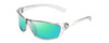 Profile View of Coyote P-38 Designer Polarized Reading Sunglasses with Custom Cut Powered Green Mirror Lenses in Crystal Grey Unisex Wrap Full Rim Acetate 65 mm