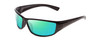 Profile View of Coyote P-44 Designer Polarized Reading Sunglasses with Custom Cut Powered Green Mirror Lenses in Gloss Black Unisex Wrap Full Rim Acetate 66 mm