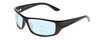 Profile View of Coyote P-59 Designer Progressive Lens Blue Light Blocking Eyeglasses in Black Rose Unisex Wrap Full Rim Acetate 63 mm with Blue Light Zone functionality illustration laid over the lens