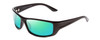 Profile View of Coyote P-59 Designer Polarized Reading Sunglasses with Custom Cut Powered Green Mirror Lenses in Gloss Black Unisex Wrap Full Rim Acetate 63 mm