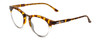 Profile View of Smith Optics Questa Designer Progressive Lens Blue Light Blocking Eyeglasses in Amber Brown Tortoise Ladies Round Full Rim Acetate 50 mm with Blue Light Zone functionality illustration laid over the lens