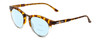 Profile View of Smith Optics Questa Designer Progressive Lens Blue Light Blocking Eyeglasses in Amber Brown Tortoise Ladies Round Full Rim Acetate 50 mm with Blue Light Zone functionality illustration laid over the lens