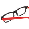 Close Up View of SOHO 1010 Designer Reading Eye Glasses with Custom Cut Powered Lenses in Gloss Black Red Ladies Rectangle Full Rim Acetate 50 mm