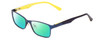 Profile View of Guess GU9173 Designer Polarized Reading Sunglasses with Custom Cut Powered Green Mirror Lenses in Matte Navy Blue Yellow Unisex Rectangle Full Rim Metal 47 mm