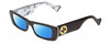 Profile View of Gucci GG0516S Designer Polarized Sunglasses with Custom Cut Blue Mirror Lenses in Black Layer Marble White Mother of Pearl Ladies Rectangle Full Rim Acetate 52 mm