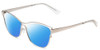 Profile View of Book Club Late Hesitation Designer Polarized Sunglasses with Custom Cut Blue Mirror Lenses in Gloss Silver Unisex Cat Eye Full Rim Metal 54 mm