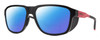 Profile View of Smith Optics Embark Designer Polarized Reading Sunglasses with Custom Cut Powered Blue Mirror Lenses in TNF Matte Black/Horizon Red Unisex Wrap Full Rim Acetate 58 mm