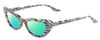 Profile View of SITO SHADES LUNETTE Designer Polarized Reading Sunglasses with Custom Cut Powered Green Mirror Lenses in Savannah Black White Zebra Print Ladies Cat Eye Full Rim Acetate 52 mm