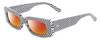 Profile View of SITO SHADES REACHING DAWN Designer Polarized Sunglasses with Custom Cut Red Mirror Lenses in Optic Black White Checker Print Ladies Square Full Rim Acetate 51 mm