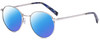 Profile View of Elton John CHOPIN 2 Designer Polarized Reading Sunglasses with Custom Cut Powered Blue Mirror Lenses in Platinum Silver Blue Grey Unisex Round Full Rim Metal 50 mm