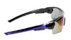 Side View of Calabria Overhead Slam Unisex Men Women Pickleball Sunglasses Protective Glasses in Gloss Black Metallic Blue Frame with Blue Mirror Lens