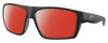 Profile View of Costa Del Mar Bloke Designer Polarized Sunglasses with Custom Cut Red Mirror Lenses in Matte Black Gray Unisex Rectangular Full Rim Acetate 61 mm