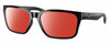 Profile View of Costa Del Mar Palmas Designer Polarized Sunglasses with Custom Cut Red Mirror Lenses in Shiny Black Ladies Rectangular Full Rim Acetate 57 mm