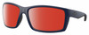 Profile View of Costa Del Mar Reefton Designer Polarized Sunglasses with Custom Cut Red Mirror Lenses in Matte Navy Blue Gray Unisex Rectangular Full Rim Acetate 64 mm
