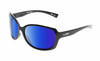 Profile View of Wiley-X Mystique Designer Polarized Sunglasses with Custom Cut Blue Mirror Lenses in Gloss Black Silver Ladies Oval Full Rim Acetate 64 mm