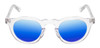 Front View of Reptile Malayemys Designer Polarized Sunglasses with Custom Cut Blue Mirror Lenses in Clear Crystal Ladies Panthos Full Rim Acetate 44 mm