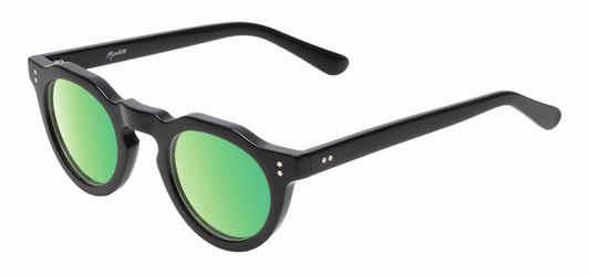 Profile View of Reptile Malayemys Women's Panthos Designer Polarized Sunglasses Black 44mm 4 Opt with Custom Cut Green Mirror Lenses