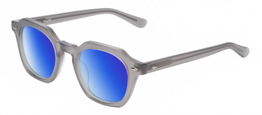 Profile View of Reptile Liaochelys Designer Polarized Sunglasses with Custom Cut Blue Mirror Lenses in Smoke Grey Crystal Silver Unisex Panthos Full Rim Acetate 48 mm