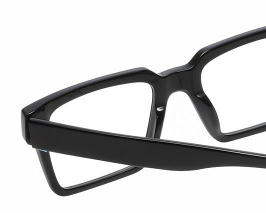 Close Up View of Reptile Leatherback Designer Single Vision Prescription Rx Eyeglasses in Gloss Black Crystal Blue Unisex Rectangular Full Rim Acetate 52 mm