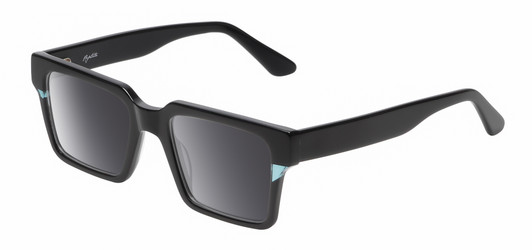 Profile View of Reptile Leatherback Designer Polarized Sunglasses with Custom Cut Smoke Grey Lenses in Gloss Black Crystal Blue Unisex Rectangular Full Rim Acetate 52 mm