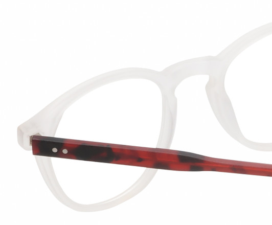 Close Up View of Reptile Mata Designer Bi-Focal Prescription Rx Eyeglasses in Matte Clear Crystal Tortoise Havana Auburn Brown Unisex Panthos Full Rim Acetate 47 mm