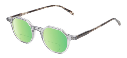 Profile View of Reptile Softshell Designer Polarized Reading Sunglasses with Custom Cut Powered Green Mirror Lenses in Smoke Grey Crystal Tortoise Havana Unisex Octagonal Full Rim Acetate 45 mm