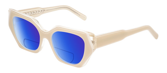 Profile View of Reptile Cryptodira Designer Polarized Reading Sunglasses with Custom Cut Powered Blue Mirror Lenses in Beige Brown White Clear Crystal Layer Ladies Butterfly Full Rim Acetate 55 mm