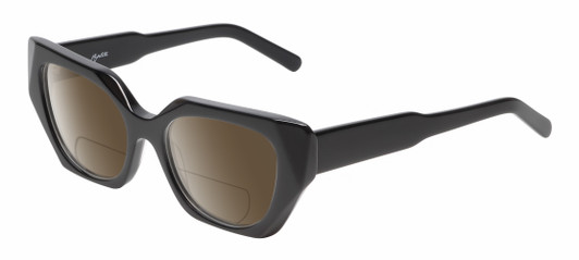 Profile View of Reptile Cryptodira Designer Polarized Reading Sunglasses with Custom Cut Powered Amber Brown Lenses in Gloss Black Ladies Butterfly Full Rim Acetate 55 mm