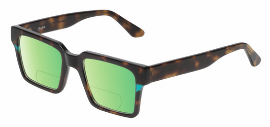 Profile View of Reptile Leatherback Designer Polarized Reading Sunglasses with Custom Cut Powered Green Mirror Lenses in Brown Tortoise Havana Blue Crystal Unisex Rectangular Full Rim Acetate 52 mm