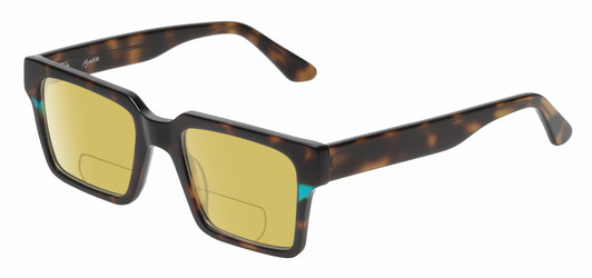 Profile View of Reptile Leatherback Designer Polarized Reading Sunglasses with Custom Cut Powered Sun Flower Yellow Lenses in Brown Tortoise Havana Blue Crystal Unisex Rectangular Full Rim Acetate 52 mm