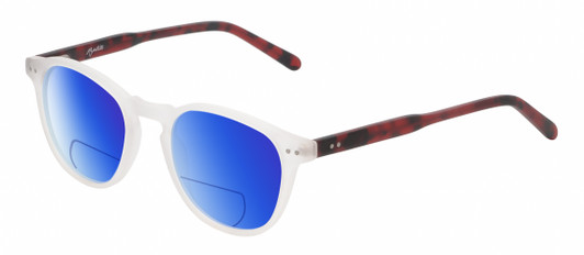 Profile View of Reptile Mata Designer Polarized Reading Sunglasses with Custom Cut Powered Blue Mirror Lenses in Matte Clear Crystal Tortoise Havana Auburn Brown Unisex Panthos Full Rim Acetate 47 mm