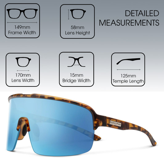 Dimensions and Measurements illustration of Suncloud Amplify Polarized Shield Semi-Rimless Sunglasses Unisex Acetate 149 mm in Tortoise Havana & Aqua Blue Mirror