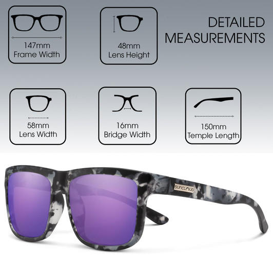 Dimensions and Measurements illustration of Suncloud Quiver Polarized Square Classic Retro Sunglasses Unisex Acetate 58 mm in Matte Ice Tortoise & Purple Mirror